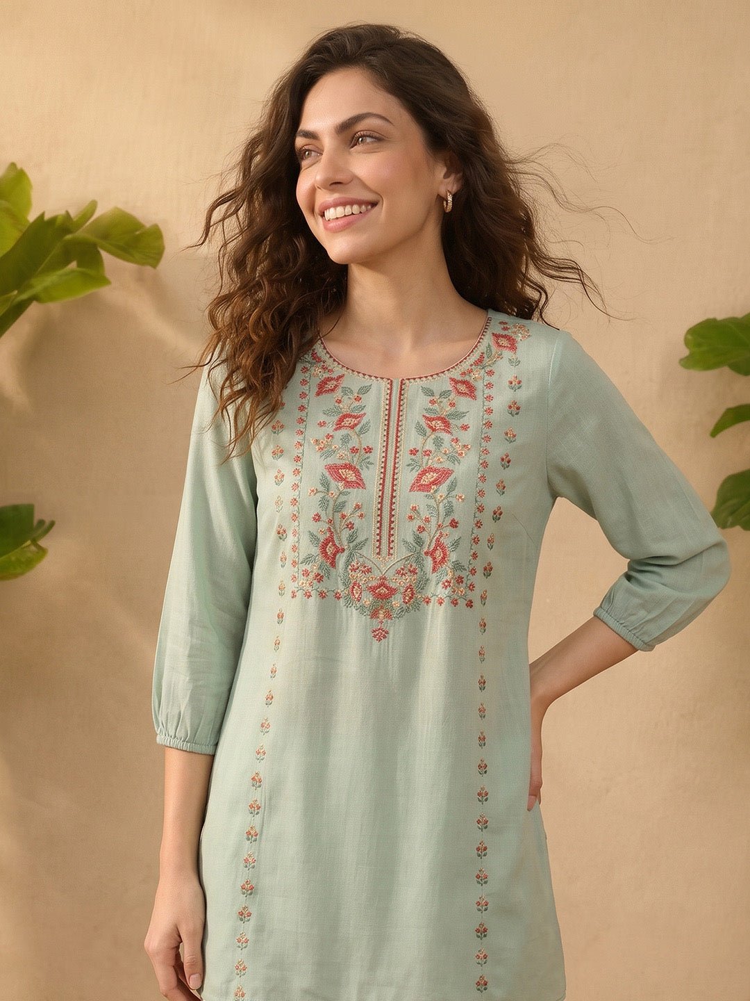 JAA26TU03950_1.jpg Mint Green Rayon Embroidered Straight Short Kurti - Image 1