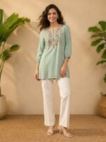 Mint Green Rayon Embroidered Straight Short Kurti - Image 3