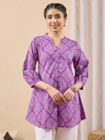 Purple Pure Cotton Bandhani Printed A-Line Short Kurti