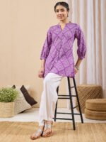 Purple Pure Cotton Bandhani Printed A-Line Short Kurti - Image 2
