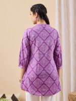 Purple Pure Cotton Bandhani Printed A-Line Short Kurti - Image 3