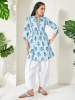 Light Blue Pure Cotton Floral Printed A-Line Short Kurti