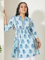 Light Blue Pure Cotton Floral Printed A-Line Short Kurti - Image 2