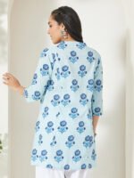Light Blue Pure Cotton Floral Printed A-Line Short Kurti - Image 3