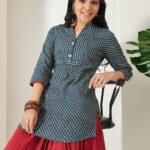 Teal Blue Pure Cotton Striped Printed A-Line Short Kurti