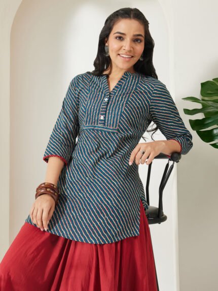 Teal Blue Pure Cotton Striped Printed A-Line Short Kurti