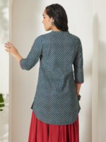 Teal Blue Pure Cotton Striped Printed A-Line Short Kurti - Image 3