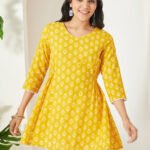 Yellow Pure Cotton Ethnic Motifs Printed A-Line Short Kurti