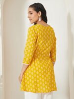 Yellow Pure Cotton Ethnic Motifs Printed A-Line Short Kurti - Image 3