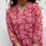 Pink Georgette Floral Printed A-Line Short Kurti