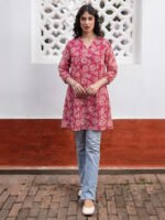 Pink Georgette Floral Printed A-Line Short Kurti - Image 2