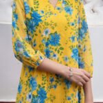 Yellow Georgette Floral Printed A-Line Short Kurti