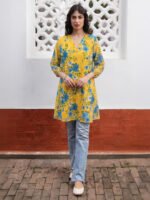 Yellow Georgette Floral Printed A-Line Short Kurti - Image 2