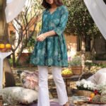 Teal Green Pure Cotton Paisley Printed Gathered Short Kurti