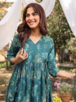 Teal Green Pure Cotton Paisley Printed Gathered Short Kurti - Image 2