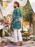 Teal Green Pure Cotton Paisley Printed Gathered Short Kurti - Image 3