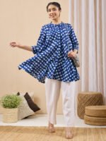 Blue Pure Cotton Printed A-Line Short Kurti - Image 2