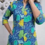 Blue Pure Cotton Floral Printed A-Line Short Kurti
