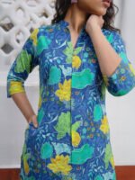 Blue Pure Cotton Floral Printed A-Line Short Kurti