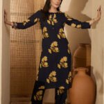 Navy Blue Pure Cotton Floral Printed Straight Cord Set