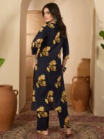 Navy Blue Pure Cotton Floral Printed Straight Cord Set - Image 3