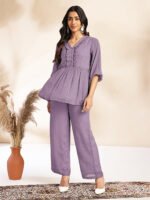 Lavender Dobby Chiffon Self Design Peplum Cord Set