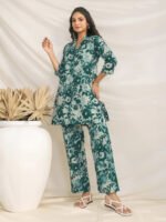 Green Pure Cotton Floral Printed A-Line Cord Set
