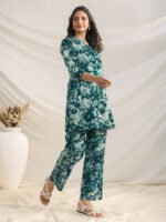 Green Pure Cotton Floral Printed A-Line Cord Set - Image 2