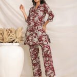 Maroon Pure Cotton Floral Printed Straight Cord Set