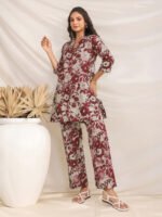 Maroon Pure Cotton Floral Printed Straight Cord Set