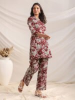 Maroon Pure Cotton Floral Printed Straight Cord Set - Image 2