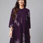 Purple Pure Cotton Floral Printed Flared Short Kurti