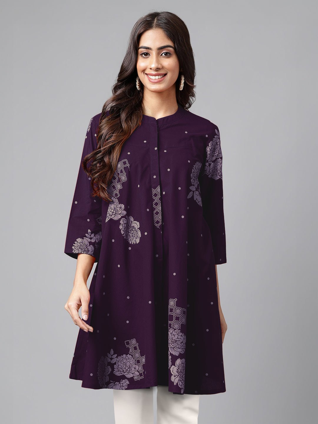 JAC24TU01648_1.jpg Purple Pure Cotton Floral Printed Flared Short Kurti - Image 1