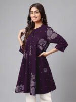 Purple Pure Cotton Floral Printed Flared Short Kurti - Image 3