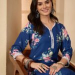 Blue Rayon Blend Floral Printed Straight Cord Set