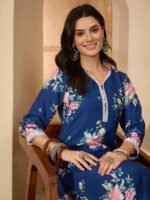 Blue Rayon Blend Floral Printed Straight Cord Set