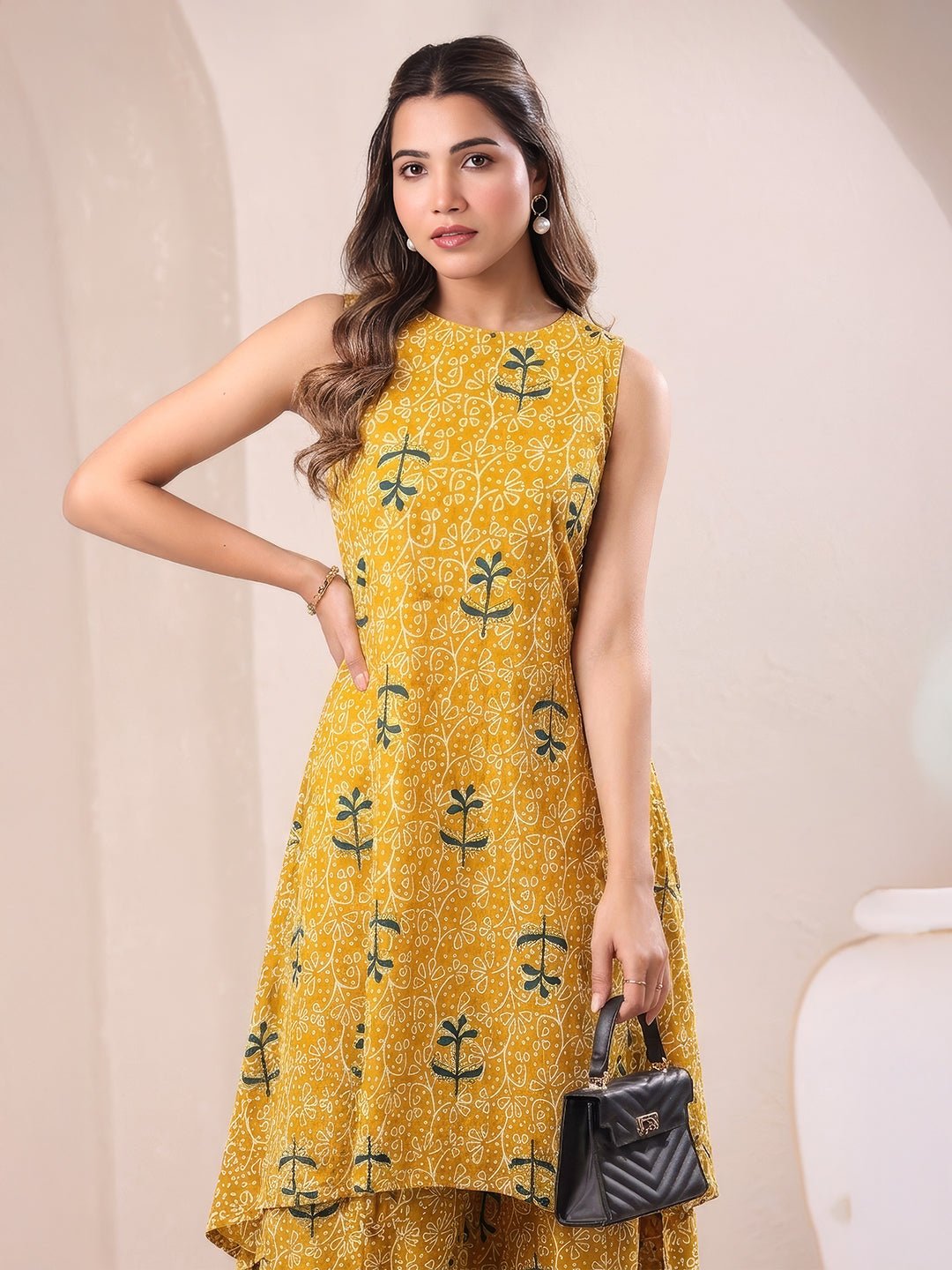 JAC26CD03898_1.jpg Mustard Pure Cotton Floral Printed A-Line Kurta with Culotte Pant Cord Set - Image 1