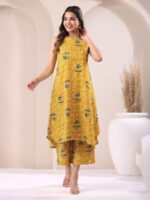 Mustard Pure Cotton Floral Printed A-Line Kurta with Culotte Pant Cord Set - Image 2