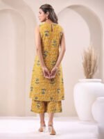 Mustard Pure Cotton Floral Printed A-Line Kurta with Culotte Pant Cord Set - Image 3