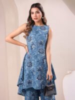 Blue Pure Cotton Floral Printed A-Line Kurta with Culotte Pant Cord Set