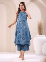 Blue Pure Cotton Floral Printed A-Line Kurta with Culotte Pant Cord Set - Image 2