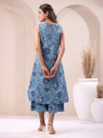 Blue Pure Cotton Floral Printed A-Line Kurta with Culotte Pant Cord Set - Image 3