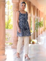 Dark Blue Pure Cotton Printed A-Line Short Kurti - Image 2