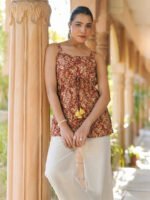 Rust Brown Pure Cotton Floral Printed A-Line Short Kurti