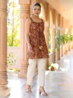 Rust Brown Pure Cotton Floral Printed A-Line Short Kurti - Image 2