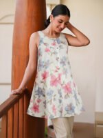 White Pure Cotton Floral Printed A-Line Short Kurti - Style 03902