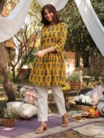 Mustard Pure Cotton Floral Printed A-Line Short Kurti - Style 03919