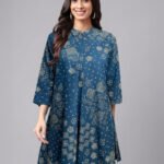 Teal Blue Pure Cotton Bandhani Printed Flared Short Kurti