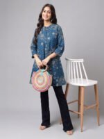 Teal Blue Pure Cotton Bandhani Printed Flared Short Kurti - Image 2