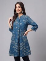 Teal Blue Pure Cotton Bandhani Printed Flared Short Kurti - Image 3
